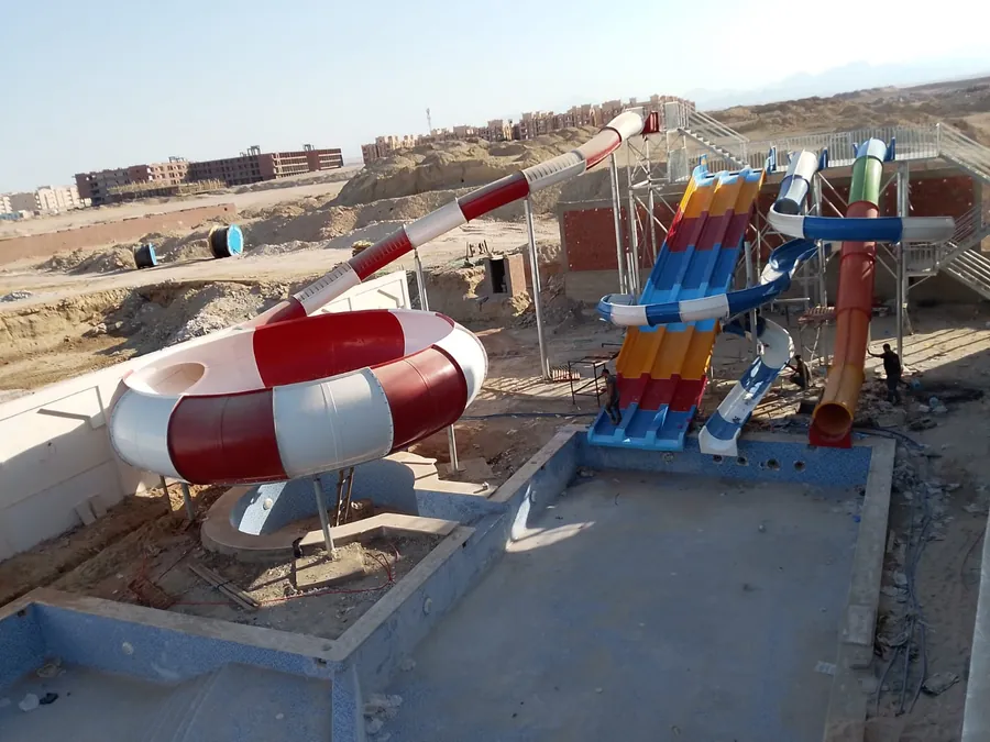 Steel water slides on site, kids water park, Egypt